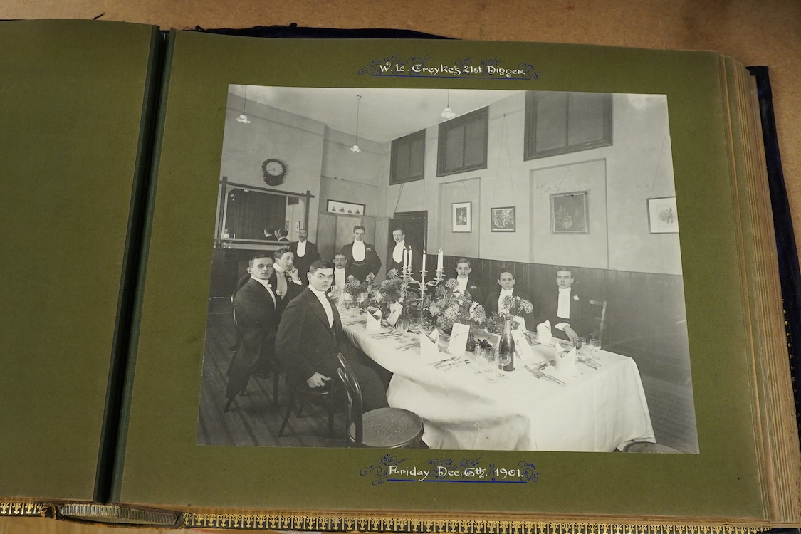 An Edwardian decorated photograph album relating to Oriel College, University of Oxford & Westminster School, with hand painted decorated titles for each mounted photograph, black-and-white photographs and bound in Oxfor